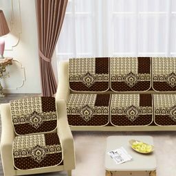 SAWNA HOMES Brown & Cream 6 Pieces Floral Printed 5 Seater Velvet Sofa Covers-image-85