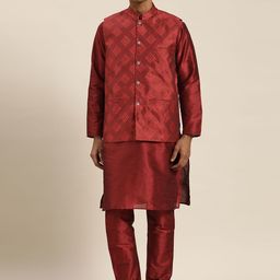 SOJANYA Men Maroon Kurta with Churidar with Nehru Jacket-picture-17