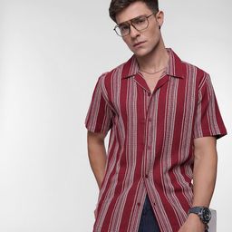 FCUK Men Smart Striped Textured Cuban Collar Pure Cotton Casual Shirt-image-90