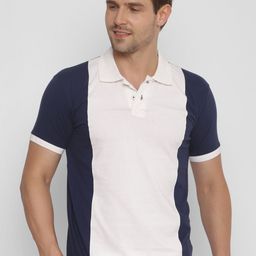 YAK YAK Men Navy Blue Colourblocked Polo Collar Slim Fit Pure Cotton T-shirt-image-64
