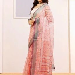 Aditri Flamingo Pink Aftab Handloom Kota Doria Handblock Print Saree-40