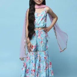 BIBA Girls Kids Blue & Pink Cotton Printed Blouse, Lehenga & Dupatta-image-57