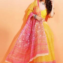 Aditri Sunshine Yellow & Pink Aftab Handloom Kota Doria Handblock Print Saree-image-12