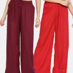 TWIN BIRDS Maroon & Red Mid Rise Palazzos - Pack Of 2-image-37