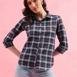 SELVIA Navy & White Cotton Checks Shirt-image-89