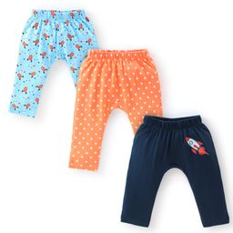 Babyhug Interlock Cotton Knit Full Length Diaper Pants Space Shuttle Print Pack of 3 - Navy Turquoise & Orange-picture-24