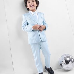 Babyhug Woven Full Sleeves Brocade Design Party Suit with Tie - White & Light Blue-image-49