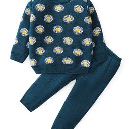 Babyhug Knitted Full Sleeves Baby Sweater Set with Floral Design - Navy Blue-image-82