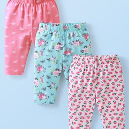 Babyhug Cotton Knit Three Fourth Leggings Floral Print Pack of 3 - Pink & Purple-image-81