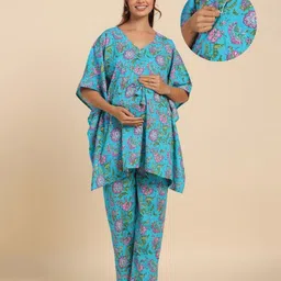 Ikk Kudi by Seerat Cotton Woven Three Fourth Batwing Sleeves Floral Motif Printed Kaftan Top With Zipper Nursing Access & Pant Set - Turquoise-picture-11