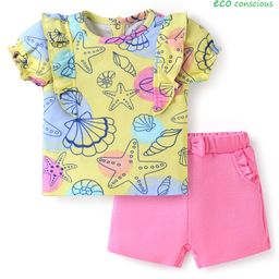 Babyoye Eco Conscious 100% Cotton Knit with Eco Jiva Finish Half Sleeves T-Shirt & Shorts Set With Sea Animals Print & Bow Applique - Light Green & Pink-image-36