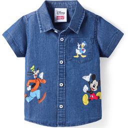 Babyhug Disney Knit Half Sleeves Denim Shirt with Mickey Mouse & Family Graphics- Navy Blue-image-33