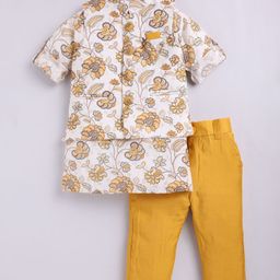 LITTLE COLLARS Cotton Full Sleeves Floral Printed Kurta Pyjama With Nehru Jacket & Broach Set - Mustard Yellow-image-94