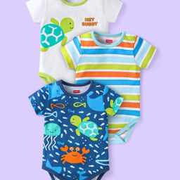 Babyhug 100% Cotton Knit Half Sleeves Onesies with Sea Life Print & Stripes Pack of 3 - White & Blue-image-84