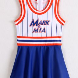 Mark & Mia Sleeveless Frock Swimsuit With Logo Print - Blue & White-image-2