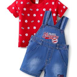 ToffyHouse Interlock Knit Half Sleeves T-Shirt & Dungaree with Sport Theme Print & Embroidery - Navy Blue & Red-image-50