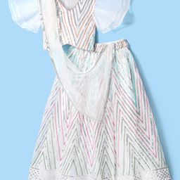 Pine Kids Woven Flutter Sleeves CholiLehengaSet & Dupatta with Sequin Design - White-image-66