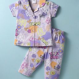Smarty Girls Sinker Knit Half Sleeves Front Open Co-ords Night Suit with Floral & Hearts Print - Pink-image-65
