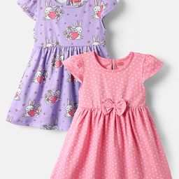 Babyhug Single Jersey Knit Cap Sleeves Bunny & Heart Printed Frocks With Bow Applique Pack of 2 - Pink & Purple-image-38