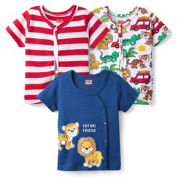 Babyhug 100% Cotton Knit Half Sleeves Antibacterial Striped & Animal Printed Front Open Vests Pack of 3 - Navy Blue Red & White-image-12