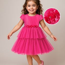 Babyhug Cap Sleeves Layered Mesh Party Dress with Floral Applique - Fuchsia-image-56