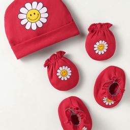 Ben Benny 100% Cotton Knit Cap Mitten & Booties Set With Sunflower Print Red - Diameter 9 cm-image-77