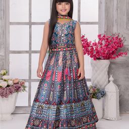 Tiny Kingdom Sleevless Floral Printed Mirror Work Detailed Lace Embellished Lehenga Choli With Dupatta Set - Blue-image-58