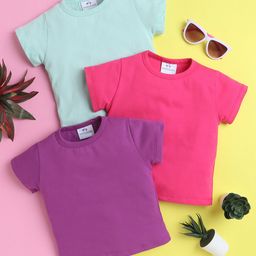 Knitting Doodles Pure Cotton Pack Of 3 Half Sleeves Solid Tee - Sea Green Purple & Dark Pink-image-88