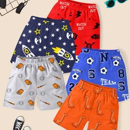 KUCHIPOO Cotton Blend Pack Of 5 Space Theme & Dinosaur Printed Shorts - Multi Colour-image-42