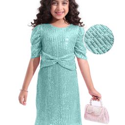 Hola Bonita Knit Half Sleeves Mesh Party Dress With Sequin Detailing - Mint Green-picture-49