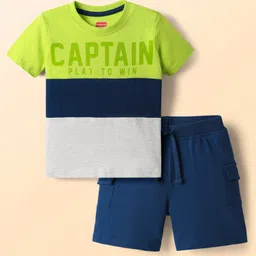 Babyhug Single Jersey Knit Half Sleeves Cut & Sew T-Shirt & Shorts Set with Text Print - Navy Blue-picture-47