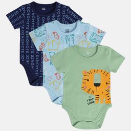 MINI KLUB Cotton Pack Of 3 Half Sleeves Dinomite Text & Baby Animals Printed Onesies - Navy Blue Green & Blue-image-74