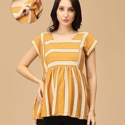 The Mom Store Cotton Short Sleeves Striped Maternity Top With Nursing Access - Multi Colour-image-56