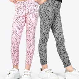 Ariel Cotton Knit Pack Of 2 Leopard Printed Non Transparent Leggings - Grey & Pink-image-37