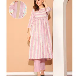 Moms Maternity Cotton Woven Three Fourth Sleeves Striped & Polka Dots Printed Maternity Kurti With Side Zipper Nursing Access - Pink-picture-8