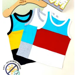 COCOON ORGANICS 100% Cotton Knit Pack Of 3 Sleeveless Colour Blocked Anti Microbial Stretchable Tees - Grey Melange Black White Yellow Red & Sky Blue-picture-0