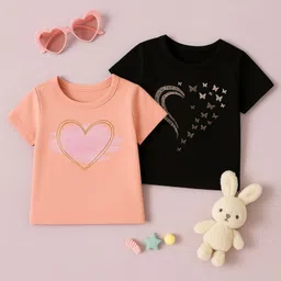 Luke and Lilly Cotton Knit Pack Of 2 Half Sleeves Hearts & Butterflies Printed Tees - Black & Beige-picture-43