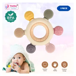 Puchku Wooden Teether, Baby Teething Toys Silicone Teethers BPA Free Silicone Rudder with Wooden Ring ( Pack of 1, Random color)-picture-38