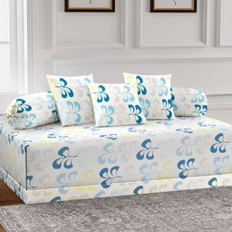Aura Set Of 6 White & Blue Printed Floral TC Cotton Diwan Set-20
