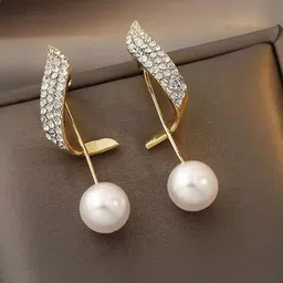 GOLDIWALA Korean Gold-Plated Stones Studded & Pearls Beaded Spherical Drop Earrings-picture-4