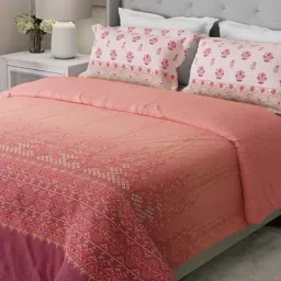 Boutique Living Gardenia Augusta Pink Cotton Ethnic 300 TC King Flat Bedsheet with 2 Pillow Covers-picture-46