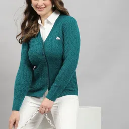 Monte Carlo Green Regular Fit Self Pattern Cardigan image 5