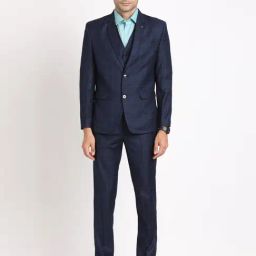 Turtle Navy Blue Tailored Fit Checks Three Piece Suit-image-15