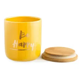 Chumbak Be Happy Yellow Ceramic Storage Container with Lid - Set of 1-image-1