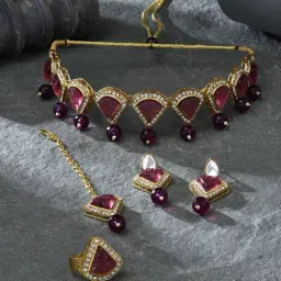 Zaveri Pearls Wine Colour Beads Choker Necklace Earring Ring & Maangtikka Set-ZPFK16405-image-46