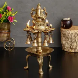 eCraftIndia Lord Ganesha Brass Handcrafted Figurine with Diya and Bells-26