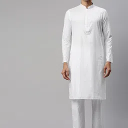 Manyavar Men White Self Design Kurta with Pyjamas-image-92