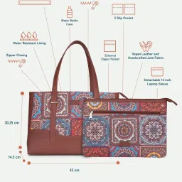 ZOUK Brown & Blue Printed Tote Handbag With Pouch image 5