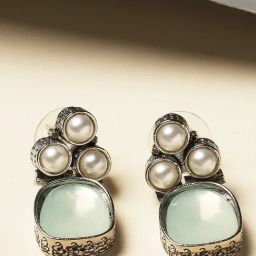 Oomph Oxidized Silver Small Ethnic Mint Green Opal Moonstone Drop Earrings-image-59