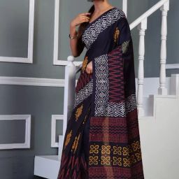 Unnati Silks Black & Maroon Cotton Printed Saree With Unstitched Blouse-image-65